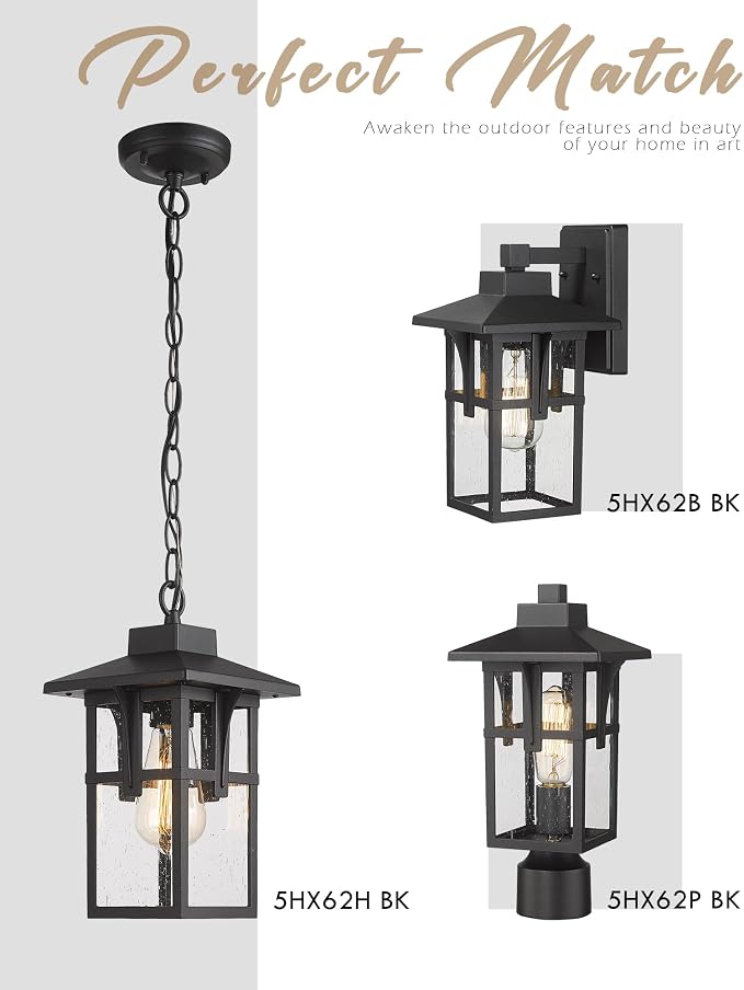 HWH INVESTMENT Outdoor Indoor Wall Sconce Exterior Wall Lantern with Seeded Glass Shade, Waterproof Porch Light Fixtures for Doorway, Hallway, Garage, Matte Black, 5HX62B BK