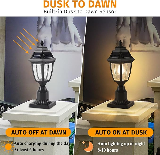 Solar Outdoor Post Lights 1 Pack, Dusk to Dawn Column light with Base | Dusk to Dawn Outdoor Post Light Fixtures, Black Exterior Solar powered Pole Light for Outside Porch Yard Pathway Driveway