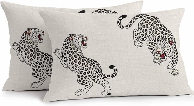 Yukro Beige Leopard Outdoor Waterproof Pillow Covers Pack of 2, Modern Style Wild Animal Rustic Linen Texture Throw Pillowcases Decorative Cushion Covers for Garden Patio Tent Sofa Couch, 20x12 inch