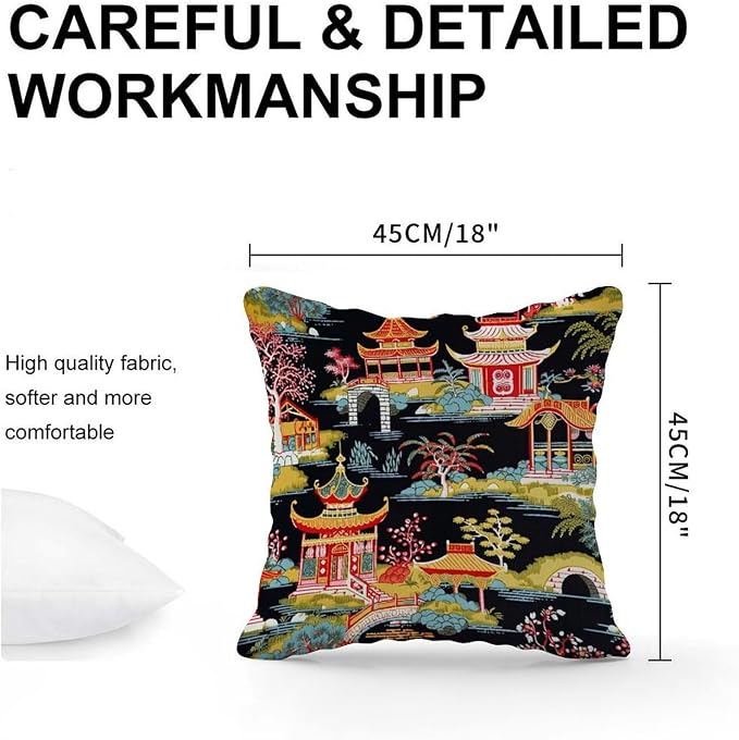 Pillow Cover Chinoiserie Charcoal Coral Pagoda Asian Pillows Classic Chinoiserie Chic Asian Pillow Cover Accent Decorative Cushion Covers Home Decor for Patio Furniture Porch 18x18 in