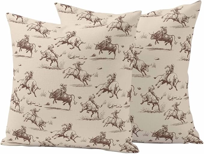Western Cowboys Outdoor Pillow Covers Waterproof, All Weather Cushion Case Set of 2, Vintage Farmhouse Cow Nature Scenery Decorative Pillowcases for Sofa Couch Bed Decor Patio Furniture 16"x16"