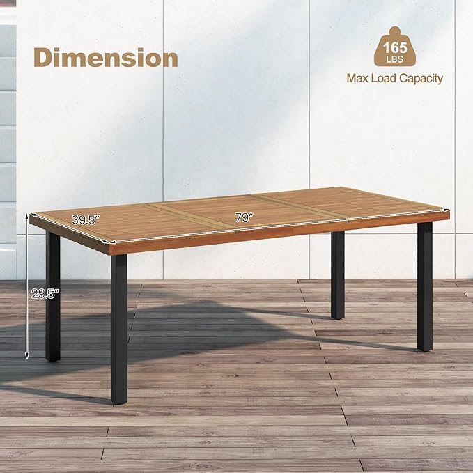 Tangkula 79" Acacia Wood Patio Dining Table for 8, Large 8-Person Outdoor Dining Table with 1.9" Umbrella Hole, Metal Legs & Adjustable Foot Pads, Rectangular Outside Table for Garden, Poolside & Yard