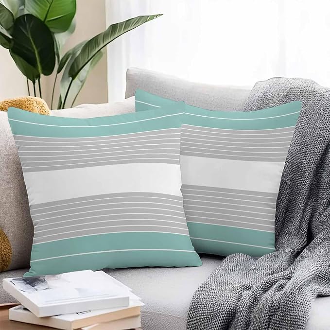 Turquoise Grey Stripe Outdoor Pillow Covers Waterproof, All Weather Cushion Case Set of 2, Modern Art Horizontal Striped Decorative Pillowcases for Sofa Couch Bed Decor Patio Furniture 16"x16"