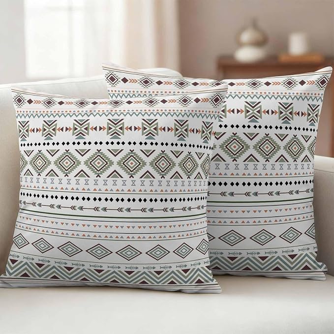 Sage Green Boho Outdoor Pillow Covers 16x16 Inch Throw Pillow Covers Set of 2 Waterproof Decorative Pillow Cases Vintage Ethnic Tribe Abstract Art Cushion Covers for Patio Furniture Garden Couch Sofa