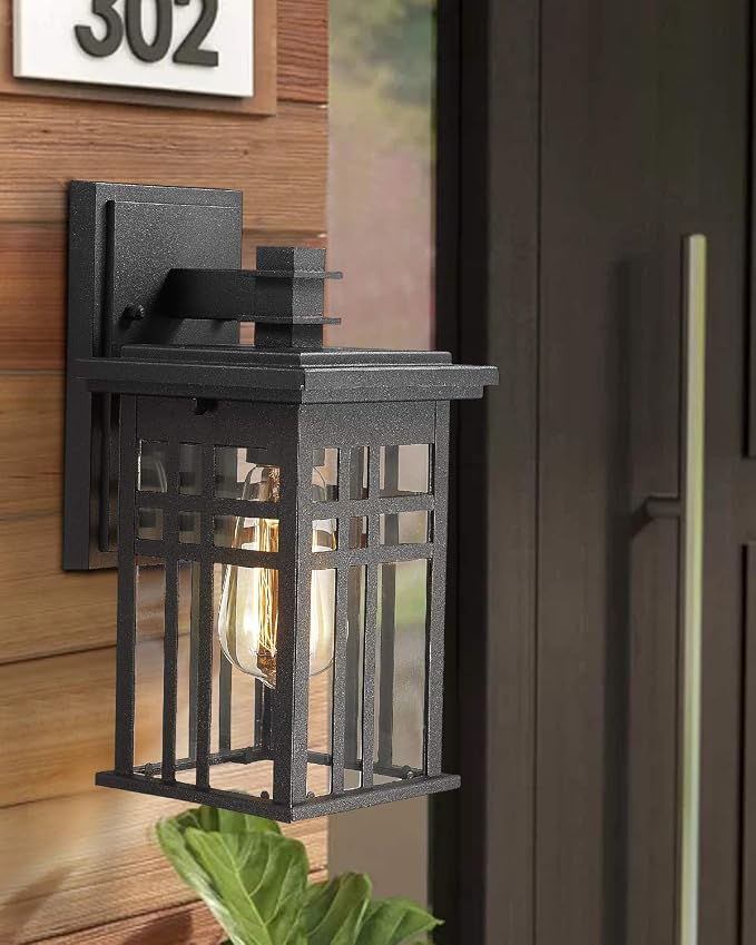 zeyu 2 Pack Outdoor Wall Sconce, Exterior Wall Mount Light in Black Finish with Clear Glass Shade, 20068B1-2PK
