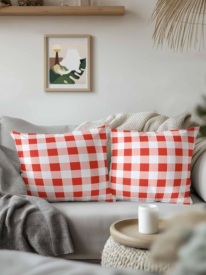 Waterproof Outdoor Pillow 1 Pack Red Buffalo Plaid Decorative Throw Pillows Cover & Insert 16x16 Inch Pillowcase Check Lines Square Pillows for Couch Sofa Bed Patio Furniture Indoor Outdoor