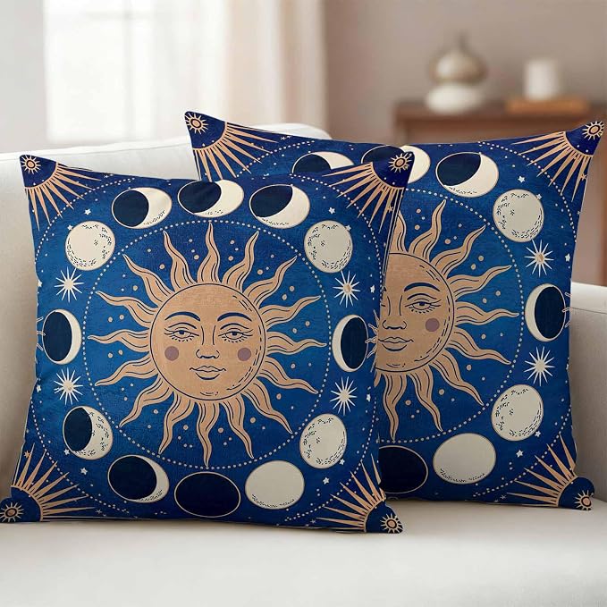 Celestial Sun and Moon Waterproof Outdoor Pillow Covers Set of 2 Home Decor, Blue Starry Galaxy Boho Pillowcase Patio Pillow Covers for Couch Bench Patio Furniture Garden 26x26in