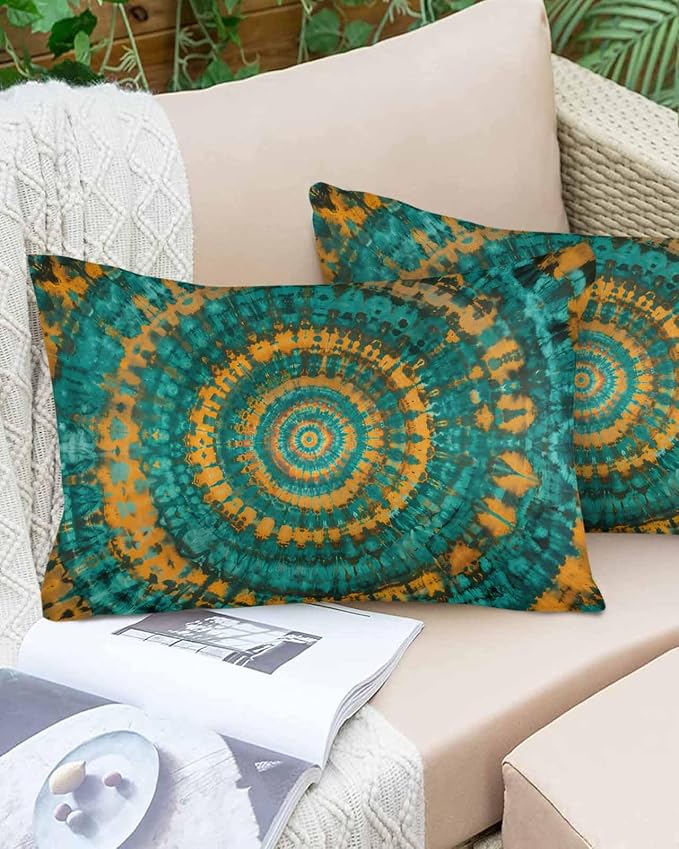 Vandarllin Outdoor Throw Pillows Covers 20x12 inch Set of 2 Waterproof Turquoise Yellow Tie-Dye Art Decorative Zippered Cushion Covers for Patio Furniture, Abstract Boho Tribe Lumbar Pillowcases