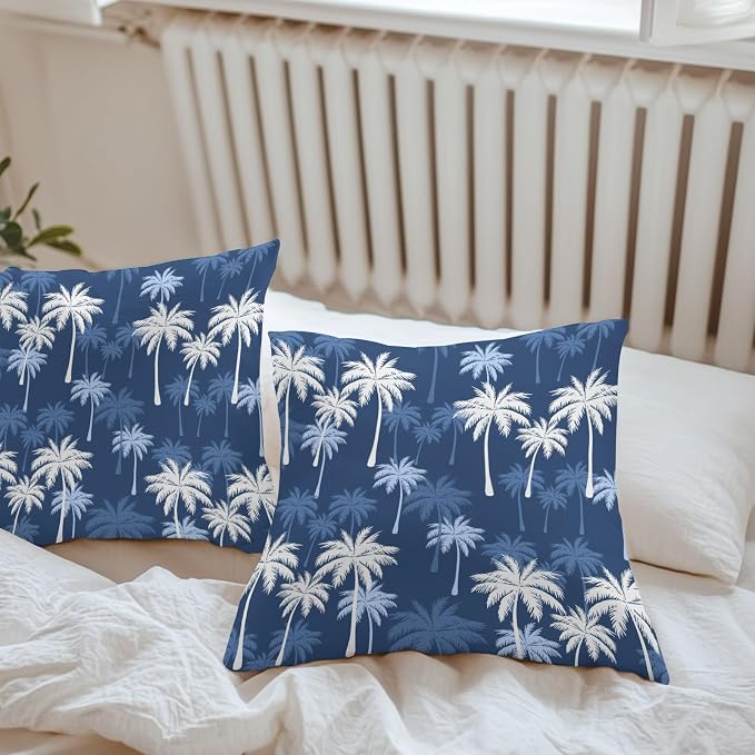 Throw Pillow Covers 20x20 Inch Set of 2, Tropical Palm Tree Waterproof Outdoor Pillow Covers, Navy Blue White Plants Coastal Leaf Decorative Cushion Pillowcases for Couch, Sofa, Bed, Garden, Patio