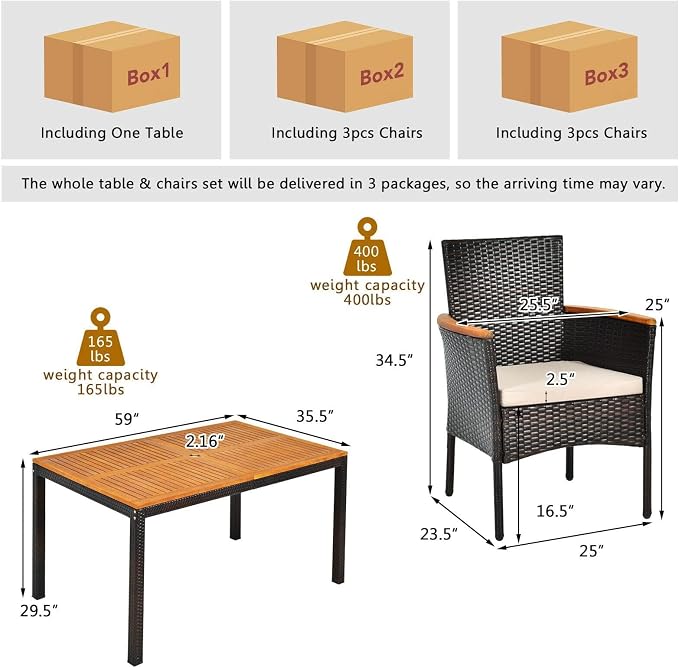 HAPPYGRILL 7-Piece Rattan Patio Dining Set Outdoor Wicker Dining Set with Umbrella Hole, Removable Cushions, Table & Chairs Set with Acacia Wood Table Top