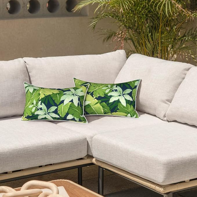 LVTXIII 2 Pack Outdoor Lumbar Pillows 12x20 Inch with White Piping, Fade Resistant Support Throw Pillows with Inserts for Patio Furniture, Sofa, Chair, Jungle Leaves