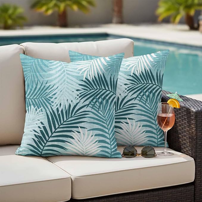 Outdoor Waterproof Throw Pillow Covers, Teal Palm Leaves Decorative Pillow Cases, Summer Botanical Tropical Leaf Couch Pillow Protector Patio Sofa Cushion Covers Replacement 24"x24" 2 Pack