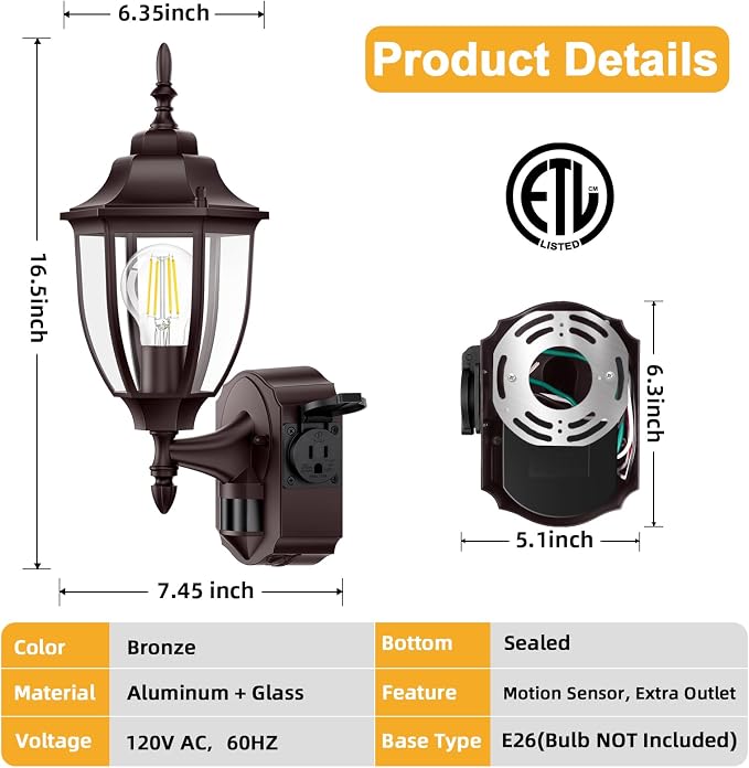 2 Pack Porch Lights with Outlet, Motion Sensor Outdoor Lights, Updated Dusk to Dawn Exterior Lighting Fixtures, Waterproof Anti-Rust Aluminum Outside Light for House Entryway Garage, Brown