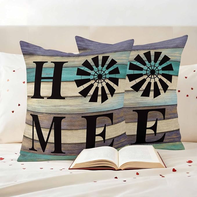 Outdoor Pillow Covers Set of 2, Farm Home Windmill Decorative Throw Pillow Covers 16X16IN, Farmhouse Vintage Wood Board Throw Pillows Protector Cushion Case for Patio,Couch,Sofa,Garden