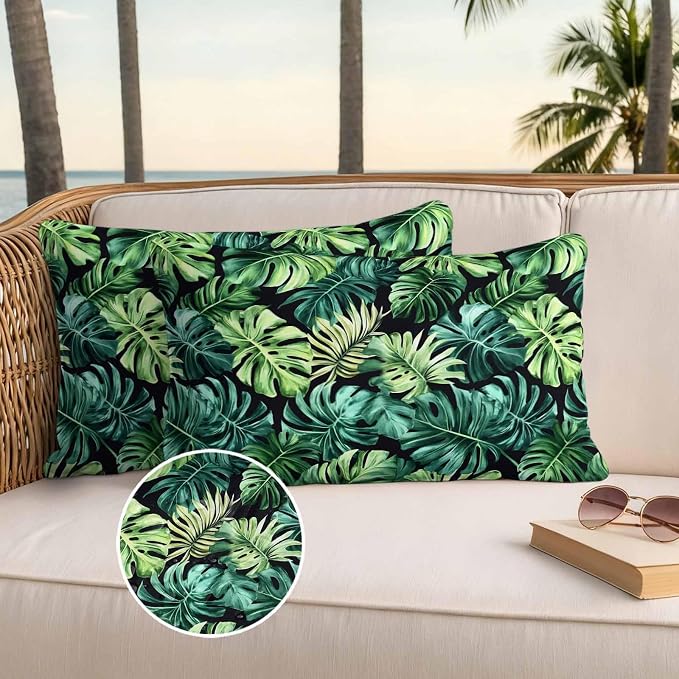 Palm Leaf Waterproof Outdoor Pillow Covers Set of 2 Home Decor, Green Tropical Plant Summer Nature Scenery Pillowcase Patio Pillow Covers for Couch Bench Furniture Garden 20x12in
