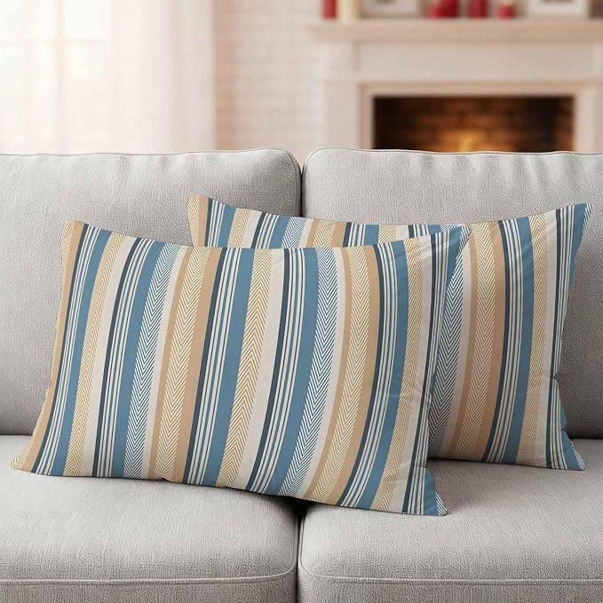 Blue Brown Beige Outdoor Pillow Covers 20x12 Inch Lumbar Pillow Covers Set of 2 Waterproof Decorative Throw Pillow Cases Boho Farmhouse Abstract Stripes Art Cushion Covers for Patio Furniture Garden