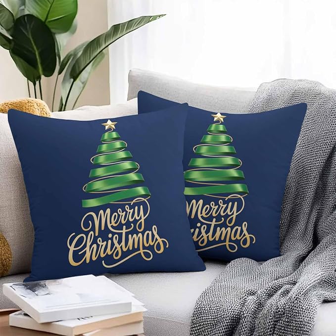 Navy Blue Christmas Tree Outdoor Pillow Covers 16 x 16 Inches, Green Xmas Tree with Star Waterproof Throw Pillow Cover Set of 2, Christmas Blue Decorative Square Cushion Covers for Patio/Couch