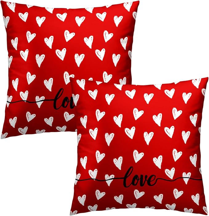 Valentine's Day Pillow Covers 22x22 Inch, Set of 2 Romantic Love Hearts Red Decorative Throw Pillowcases Square Cushion Cover for Anniversary Bridal Wedding Couch Sofa Home Decor