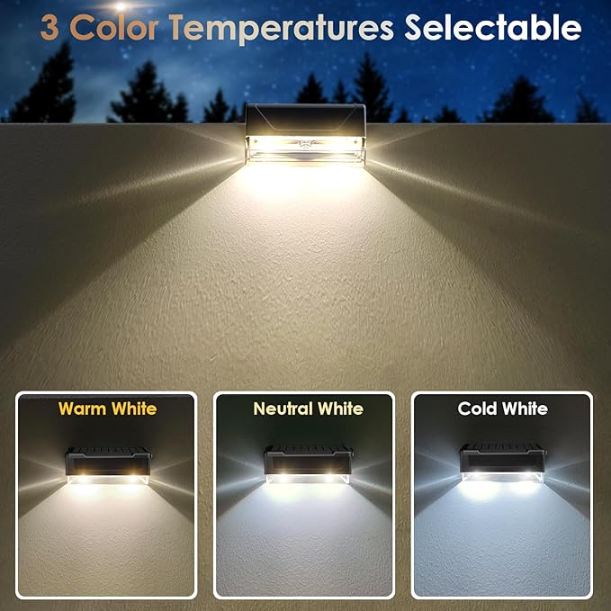 LIANGLOME Solar Fence Lights Outdoor - 3000/4000/6000K 3 Mode, IP65 Waterproof Solar Powered Fence Lights, Dusk to Dawn for Outside, Backyard/Step/Patio/Deck/Stair Railings and Wall (8 Pack)