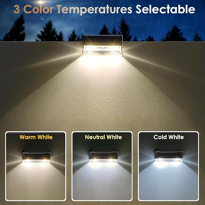 LIANGLOME 2PK Solar Fence Lights Outdoor - 3000/4000/6000K 3 Mode, IP65 Waterproof Fence Lights Solar Powered, Dusk to Dawn Solar Light for Outside, Backyard/Step/Patio/Deck/Stair Railings and Wall