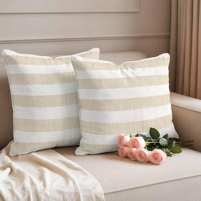 Vintage Linen Outdoor Waterproof Throw Pillow Covers Set of 2, 26"x26", Striped Beige Theme Farmhouse Decorative Pillow Covers Outside Cushion Case for Patio Porch Garden