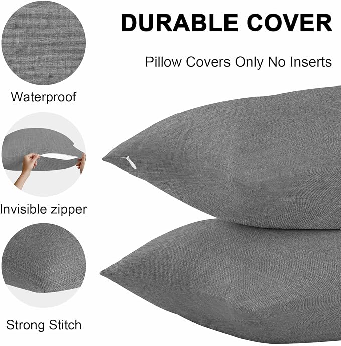 Vandarllin Outdoor Throw Pillows Covers 26x26 inch Set of 2 Waterproof Grey Linen Decorative Zippered Cushion Covers for Patio Furniture, Farmhouse Pure Color Lumbar Pillowcases