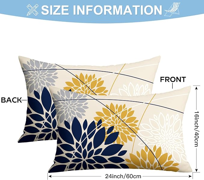 OTOSTAR Outdoor Dark Blue Yellow Pillow Covers 16x24 Inch Set of 2 Light Grey Flower Throw Pillows Geometric Dahlia Floral Lumbar Cushion Case Waterproof Decor for Sofa Patio Funiture Garden
