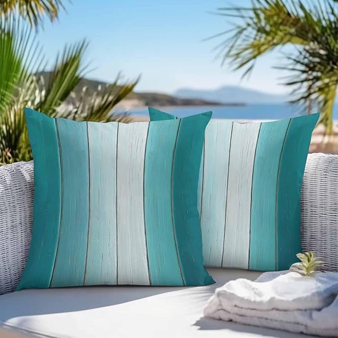 Throw Pillow Covers 18x18 Inch Set of 2, Aqua Ombre Waterproof Outdoor Cushion Covers, Vintage Country Wooden Decorative Pillowcases for Couch, Sofa, Bed, Garden, Patio