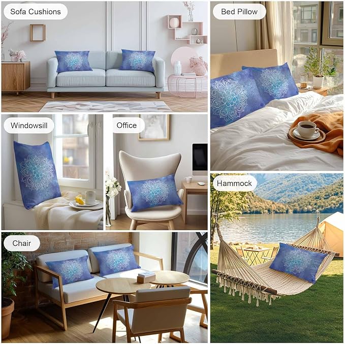 Vandarllin Outdoor Throw Pillows Covers 20x12 inch Set of 2 Waterproof Blue Boho Floral Decorative Zippered Cushion Covers for Patio Furniture, Bohemian Flower Lumbar Pillowcases
