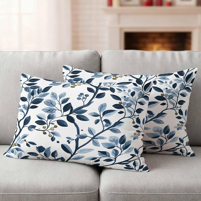 Lumbar Pillow Covers 20x12 Inch Set of 2, Navy Blue Botanical Waterproof Outdoor Pillow Covers, Summer Spring Leaves Decorative Cushion Pillowcases for Couch, Sofa, Bed, Garden, Patio