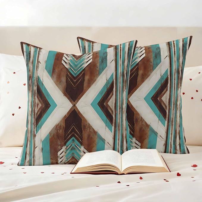 Aztec Southwestern Outdoor Pillow Covers 24"x24" Set of 2, Vintage Abstract Brown Turquoise Diamond Waterproof Throw Pillow Covers for Patio Furniture, Decorative Cushion Covers for Porch