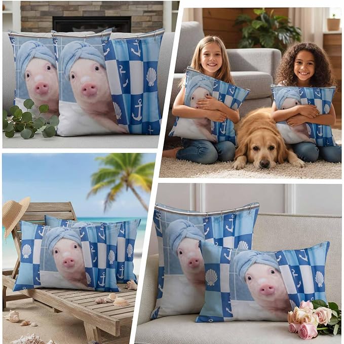 Bathing Pig Waterproof Outdoor Pillow Covers Set of 2 Home Decor, Funny Animal Showering Lumbar Pillowcase Patio Pillow Covers for Couch Bench Patio Furniture Garden 20x20in