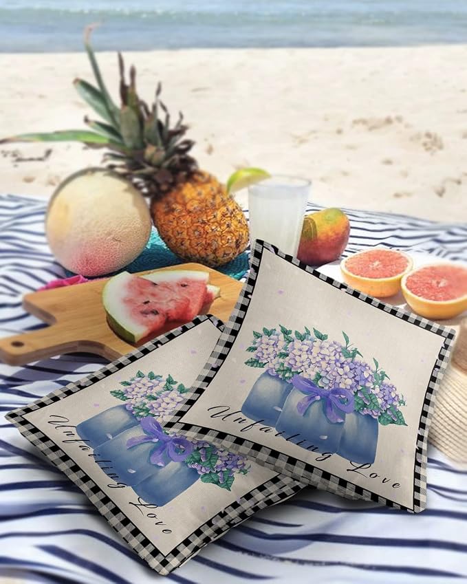 Hydrangea Outdoor Pillow Shams Set of 2, Decorative Pillowcases Cushion Case, Soft Throw Pillow Covers Waterproof Pillow Case 26x26 Inch, Purple Flowers in Jar Black Plaid Unfailing Love