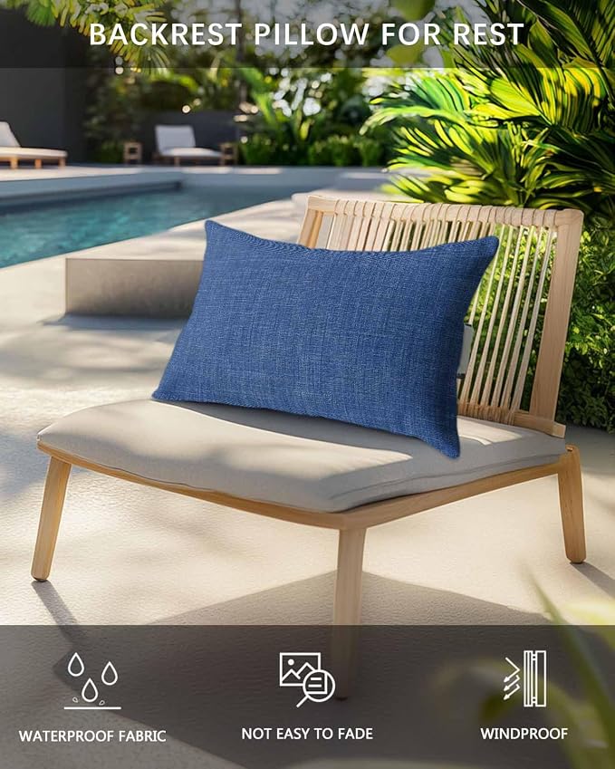 Outdoor Pillow for Chaise Lounge Chair Navy Blue Rustic Vintage Burlap Texture Outdoor Pillows Waterproof with Adjustable Strap Headrest Lumbar Pillows for Garden Patio Furniture 2 Pack 11" x 16"
