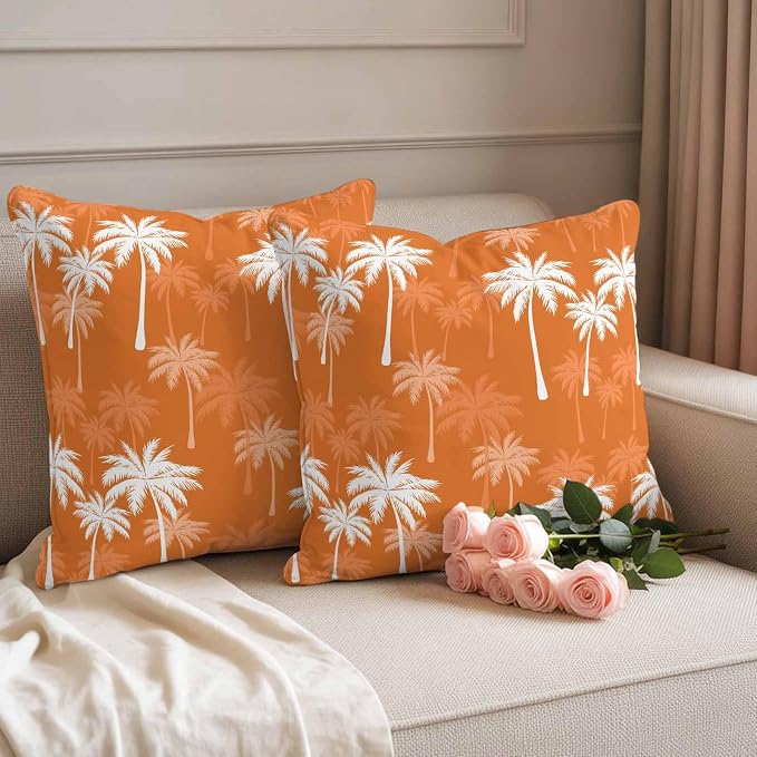Throw Pillow Covers 16x16 Inch Set of 2, Tropical Palm Tree Waterproof Outdoor Pillow Covers, Orange White Plants Coastal Leaf Beach Decorative Cushion Pillowcases for Couch, Sofa, Bed, Garden, Patio