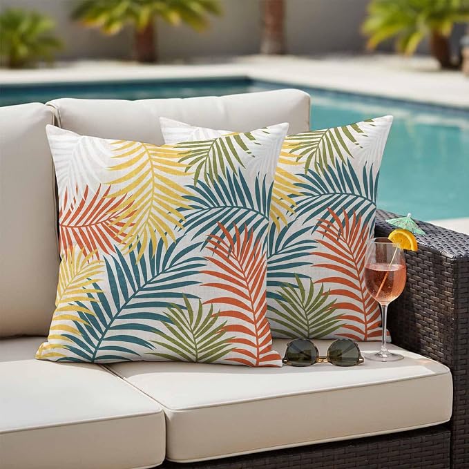Yellow Green Palm Leaves Outdoor Pillow Covers 24"x24" Set of 2, Summer Botanical Vintage Tropical Leaf Rustic Waterproof Throw Pillow Covers for Patio Furniture, Decorative Cushion Covers for Porch