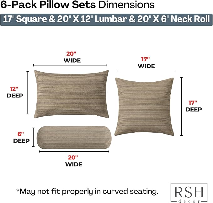 RSH DECOR: 6-Pack Pillow Set | Sunbrella Performance Fabric |Water & Fade-Resistant| 17" Square, 20"x12" Lumbar, 20"x6" Neck Roll | Outdoor Pillows for Patio Furniture | Made in USA (Current Slate)
