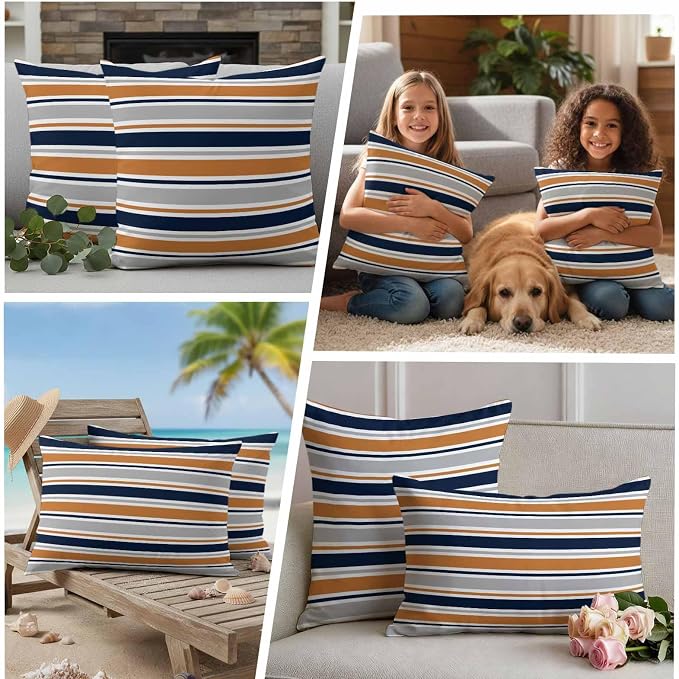 Outdoor Pillow Covers 26 x 26 Inches, Orange Grey Striped Waterproof Throw Pillow Cover Set of 2, Farmhouse Stripes Modern Abstract Art Decorative Square Cushion Covers for Patio/Couch/Garden