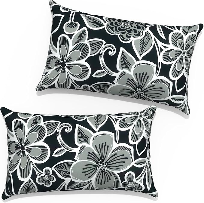 Outdoor Lumbar Pillow Covers 12”x20”, Rectangle Throw Pillow Covers for Patio Furniture, Decorative Lumbar Cushion Case for Garden Balcony Couch Office Chair, Pack of 2,Flower Black