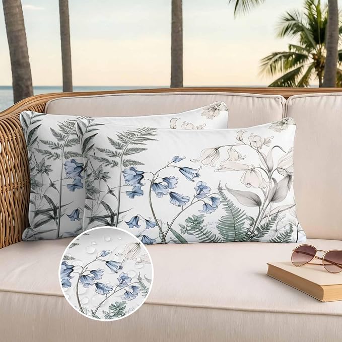 Lumbar Pillow Covers 20x12 Inch Set of 2, Blue Beige Floral Waterproof Outdoor Pillow Covers, Farmhouse Botanical Decorative Cushion Pillowcases for Couch, Sofa, Bed, Garden, Patio