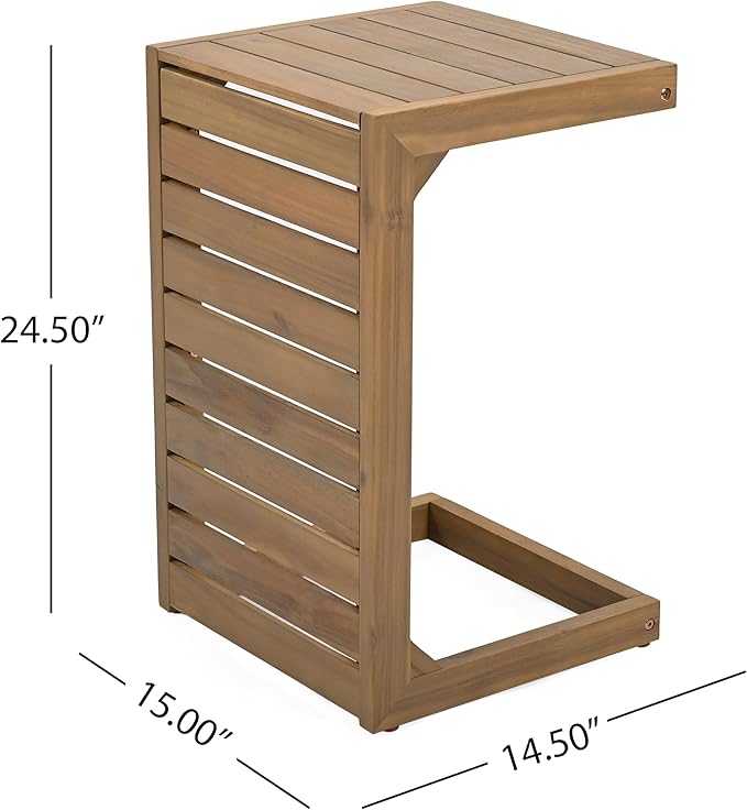 Outdoor C Shaped Side Table, Weather Resistant Acacia Wood Patio Side Table Coffee End Table for Garden Porch Lawn (Brown)