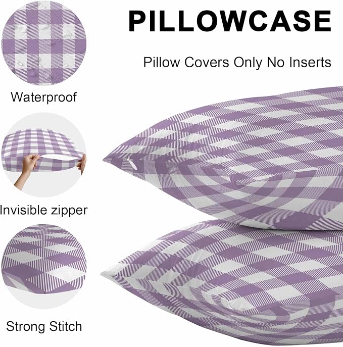 Waterproof Throw Pillow Covers 18x18 Set of 2, Farmhouse Purple White Buffalo Lattice Outdoor Pillowcases with Invisible Zipper, Pastoral Gingham Decorative Cushion Covers for Patio Garden Sofa Couch