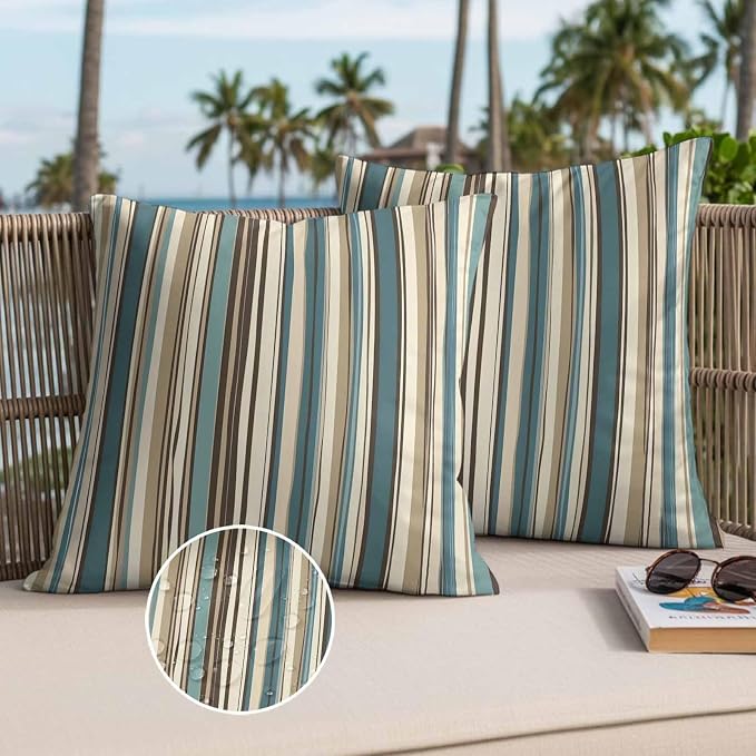 Boho Vertical Stripes Outdoor Waterproof Throw Pillow Covers Set of 2, 16"x16", Green Beige Simple Lines Decorative Pillow Covers Outside Cushion Case for Patio Porch Garden