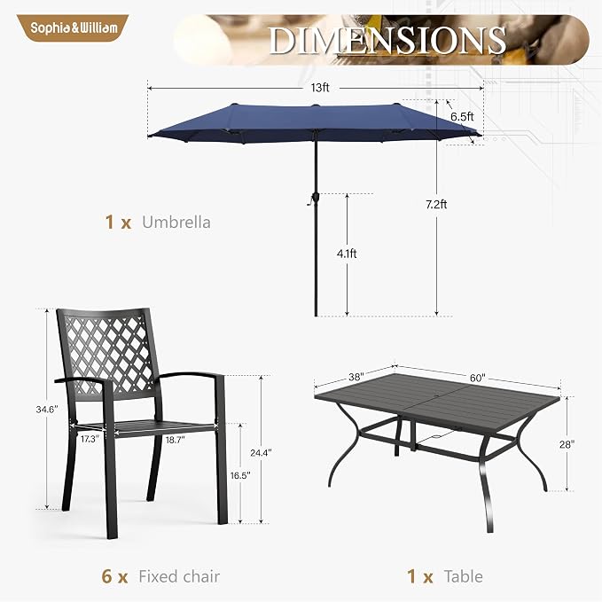 Sophia & William Patio Dining Set with 13ft Double-Sided Patio Umbrella, 8 Piece Metal Outdoor Table Furniture Set with 6 Outdoor Stackable Chairs, 1 Rectangle Dining Table and 1 Large Navy Umbrella