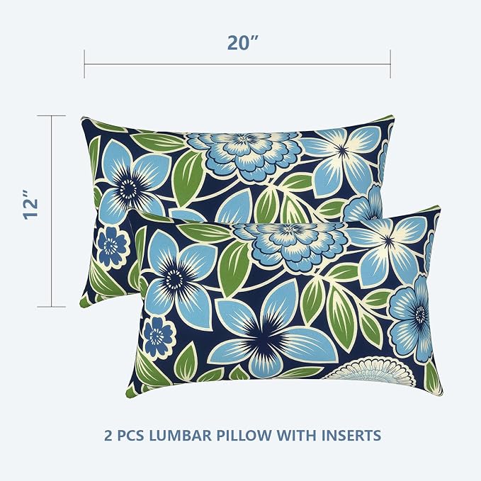 LVTXIII Set of 2 Patio Lumbar Pillows, 12" x 20" Fade Resistant Outdoor Lumbar Pillow with Inners, Fluffy Decorative Garden Lumbar Cushions for Home Patio Coach Sofa Use, Azure Botanical Symphony‌