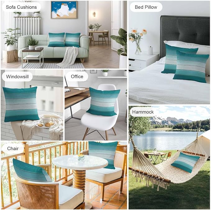 Teal Turquoise Outdoor Pillow Covers 24x24 Inch Throw Pillow Covers Set of 2 Waterproof Decorative Pillow Cases Farmhouse Abstract Gradient Wooden Plank Cushion Covers for Patio Furniture Garden Couch