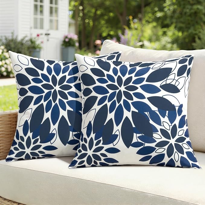 Floral Outdoor Pillow Covers Navy Blue 18x18 Set of 2 | Waterproof Throw Pillow Cases Spring Decorative Summer Cushion Covers for Patio Furniture Garden Bench Porch Sofa