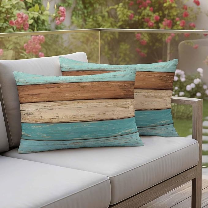 Farmhouse Aqua Brown Outdoor Waterproof Pillow Covers, Vintage Wooden Striped Decorative Rectangle Throw Pillowcase Sofa Cushion Sham for Patio/Couch/Chair, 20"x12" 2 Pack
