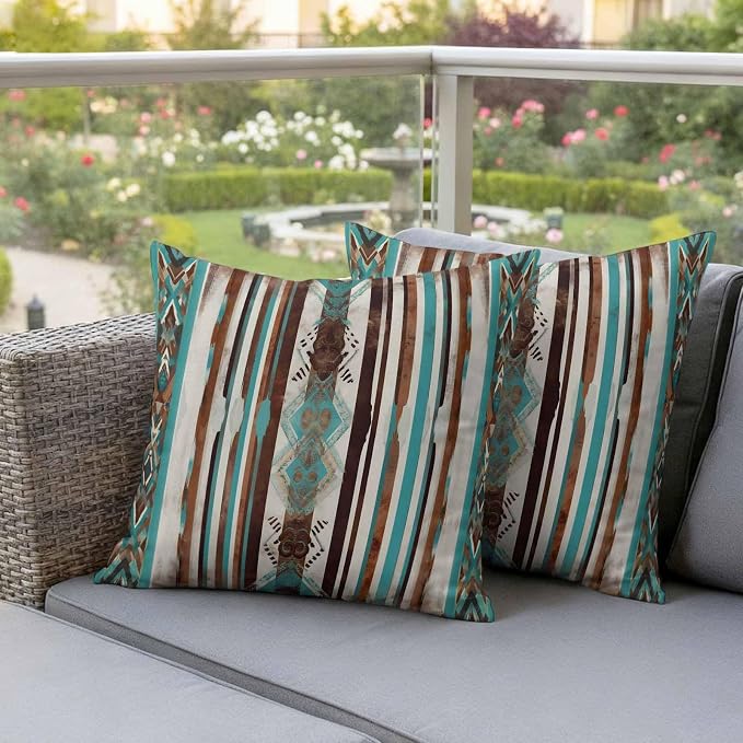 Ethnic Tribal Diamond Outdoor Pillow Covers 16"x16" Set of 2, Boho Abstract Teal Brown Stripes Diamond Waterproof Throw Pillow Covers for Patio Furniture, Decorative Cushion Covers for Porch