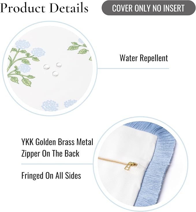 Hofdeco Premium Grandmillennial Coastal Hampton Patio Indoor Outdoor Lumbar Pillow Cover Only, 12"x20" Water Repellent for Backyard, Couch, Poolside, Baby Blue Green Print Hydrangea Flowers